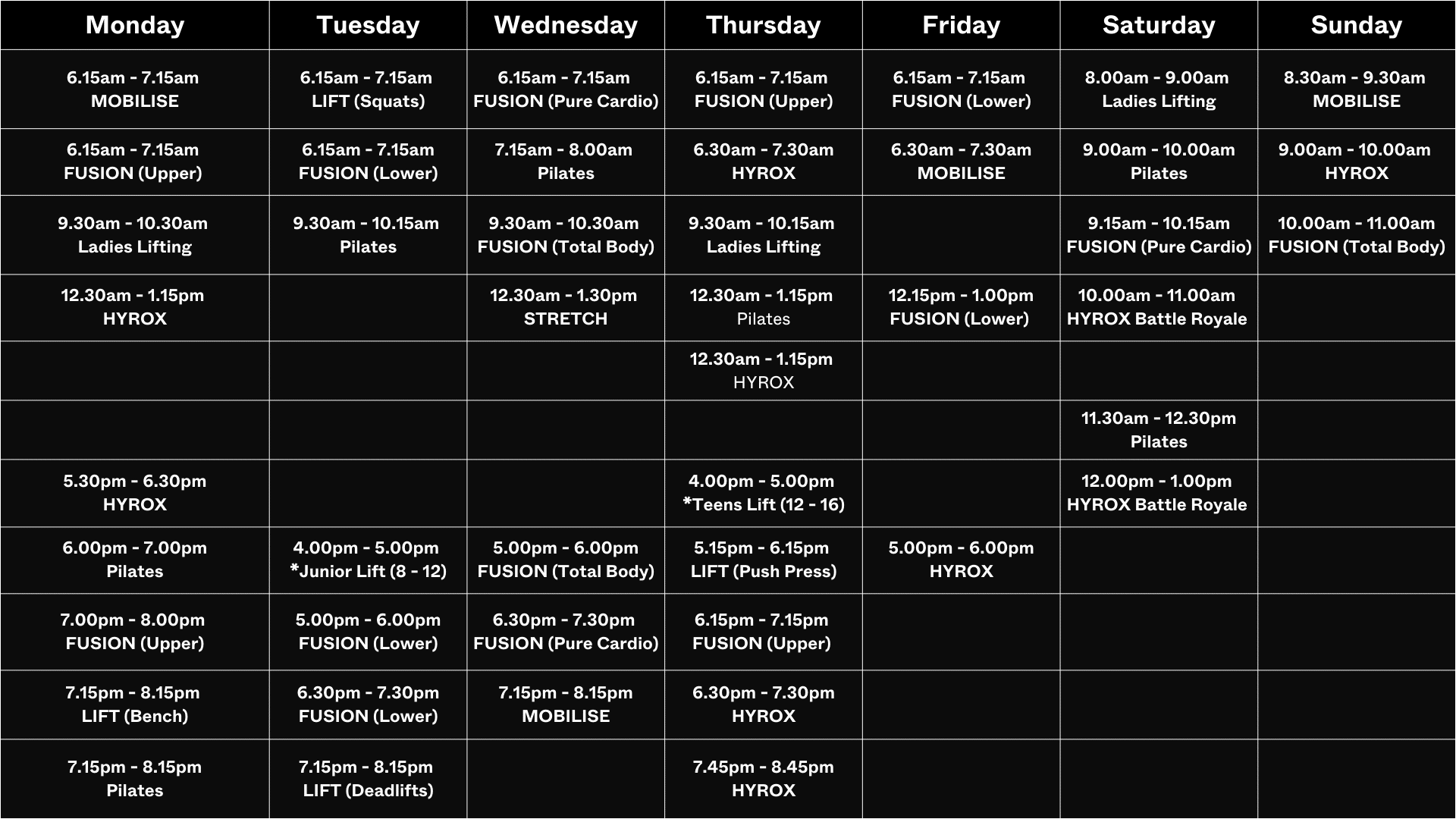 Volt Gym Class Timetable