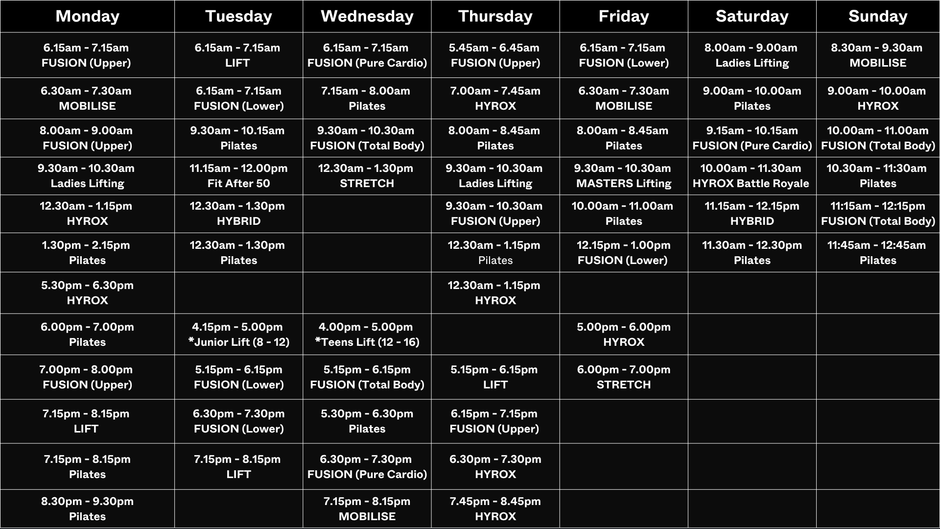 VOLT GYM class timetable