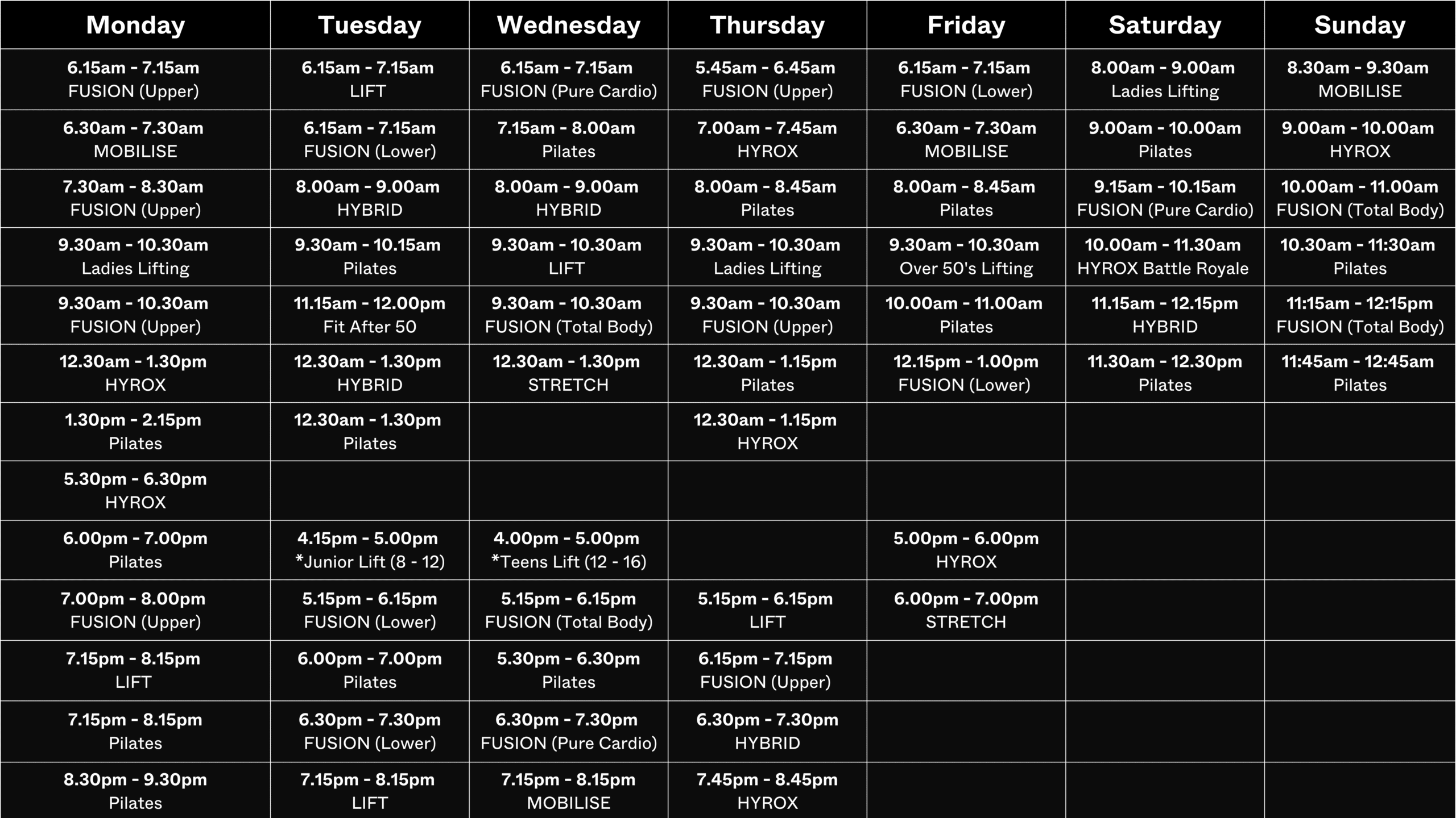 VOLT GYM Class Timetable