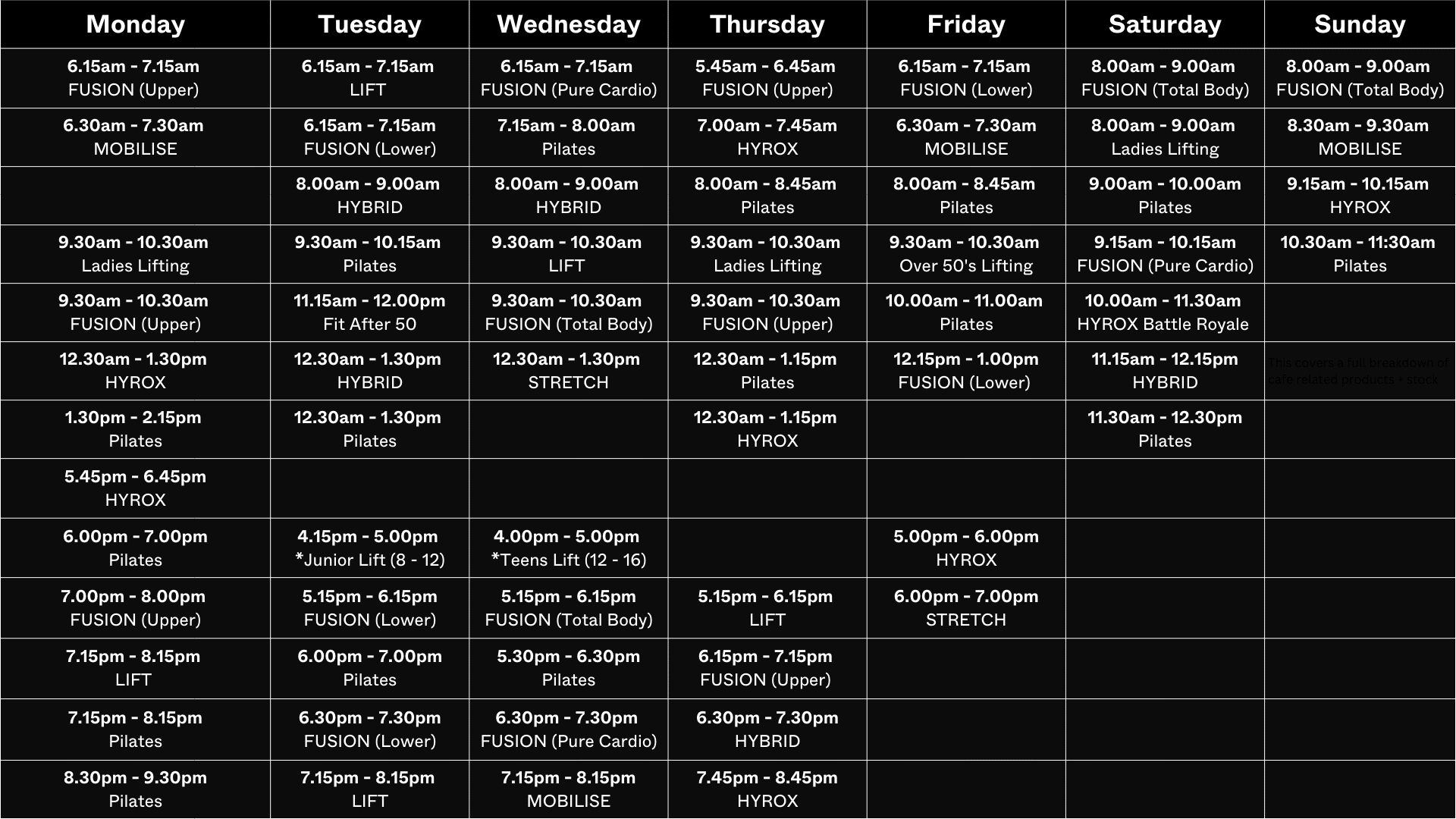 VOLT GYM Class timetable