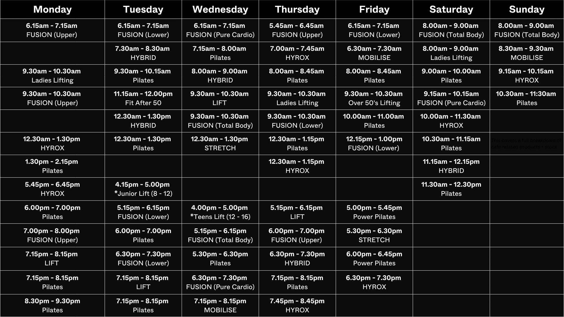 VOLT GYM Class timetable